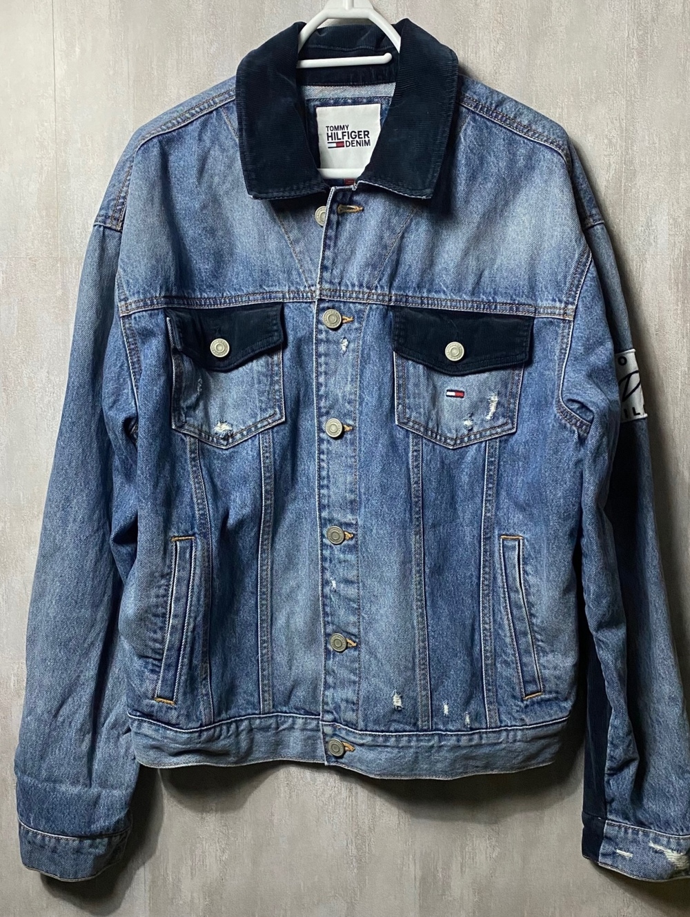 Vintage Style Tommy Hilfiger Mens Denim Jacket M Colorblock Corduroy Streetwear
